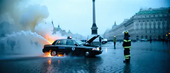 Пожарные ликвидируют возгорание автомобиля такси на Манежной площади в Москве